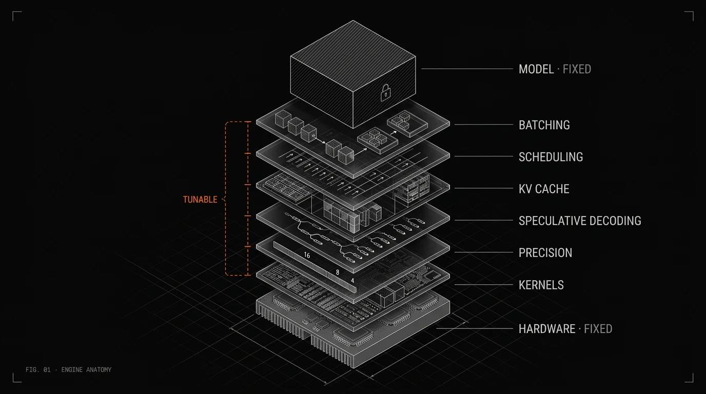 The model and the hardware are fixed. Everything between them is tunable: batching, scheduling, KV cache, speculative decoding, precision, and kernels.